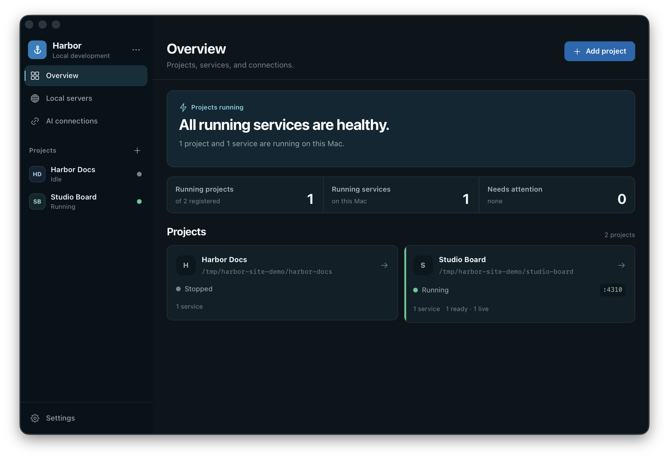 Harbor Overview showing a healthy running demo project and its service status.